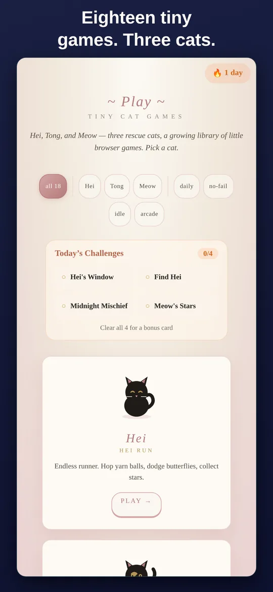 The arcade chooser on an iPhone: eighteen game cards, a Today's Challenges panel, and Hei's card at the top.