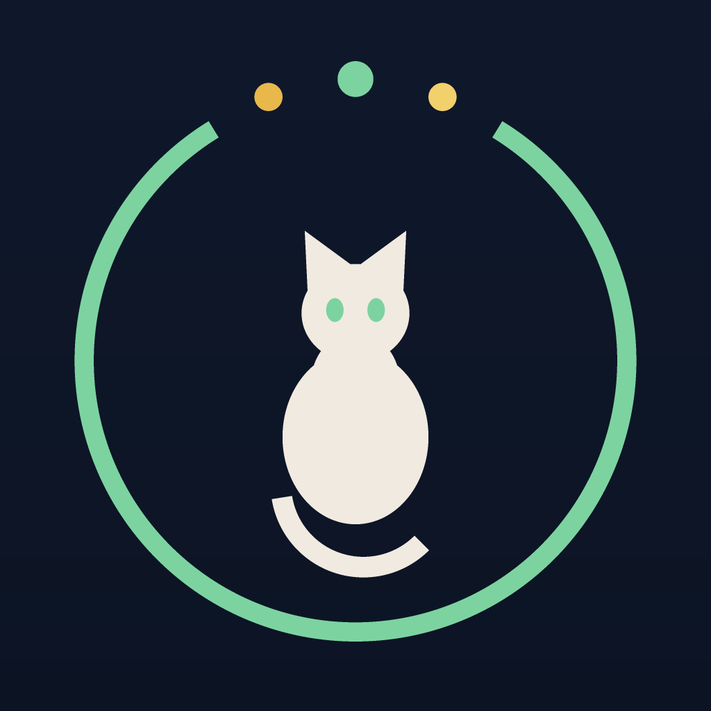 The Focus with Hei app icon: Hei, a black cat drawn in cream with mint-green eyes, sitting inside an almost-closed mint progress ring on a midnight-navy square.